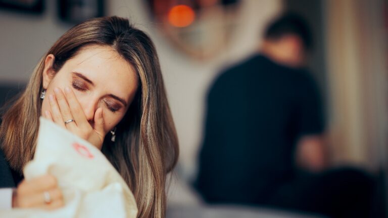 Wife cries after finding lipstick stains on husband's shirt