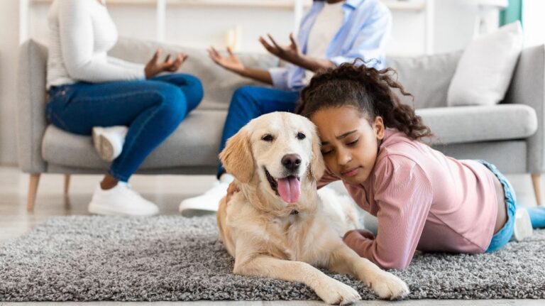 daughter hugging dog and lying on floor while her angry parents are arguing